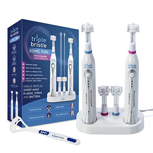 Triple Bristle Sonic Duo Electric Toothbrush - Perfect for Families, Kids & Couples - Keeps Bathroom Counter Clean - 2 Toothbrushes & Dual Rechargeable Stand - 4 Bristles - Who Wants To Share?