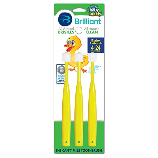 Brilliant Baby Toothbrush by Baby Buddy - For Ages 4-24 Months, BPA Free Super-Fine Micro Bristles Clean All-Around Mouth, Kids Love Them, Yellow, 3 Count