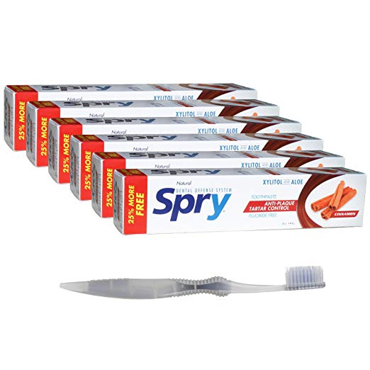 Spry Cinnamon Xylitol Toothpaste (6-Pack) Non-Fluoride Bundle with SoFresh Toothbrush (1)