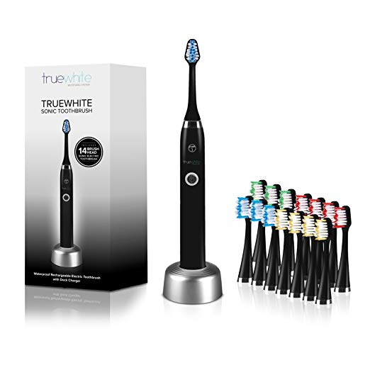 Prime Amazon Day - True-White Professional Electric Toothbrush Set - Advanced Care Sonic Whitening Tooth Brush, 14 Replacement Heads, Holder Stand Charger, Rechargeable Toothbrush for Adults (Black)