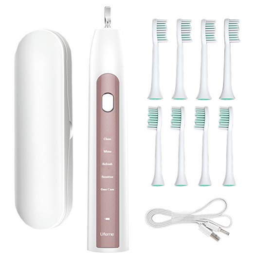 Sonic Electric Toothbrush 2000 mAh Rechargeable USB 100 days Working 5 Cleaning Modes IXP7 Waterproof 8 Replacement Heads Travel Case for Adult Women Men Black White Color (502Rose Gold)