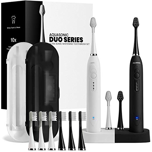 AquaSonic DUO - Dual Handle Ultra Whitening Electric ToothBrushes - 40,000 VPM Motor & Wireless Charging - 3 Modes with Smart Timers - 10 DuPont Brush Heads & 2 Travel Cases Included