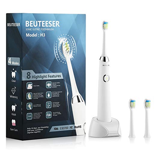 BEUTEESER Electric Toothbrush, H3 Rechargeable Sonic Electric Toothbrush with Induction Wireless Charging Base and 4 Clean Modes and 2 Replacement Heads IPX7 Waterproof