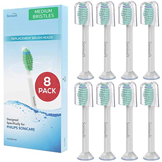 Sonisoft Sonicare Brush Heads (8 Pack) - Replacement Toothbrush Head For Philips Sonicare ProResults Fits Plaque Control, Gum Health, DiamondClean, Flexcare, EasyClean, and HealthyWhite