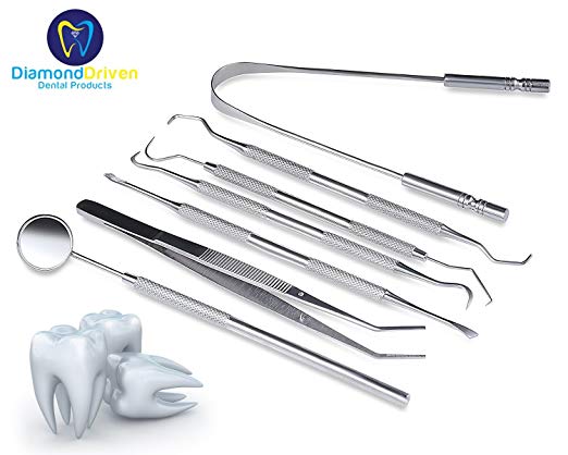 Dentist Prepared 7 Tools Deluxe Kit Dental Floss Gum Floss Threaders Toothpicks Dental Hygiene Kit Set Dental Instruments High Grade Stainless Steel Tarter with Tongue Cleaner by Diamond Driven