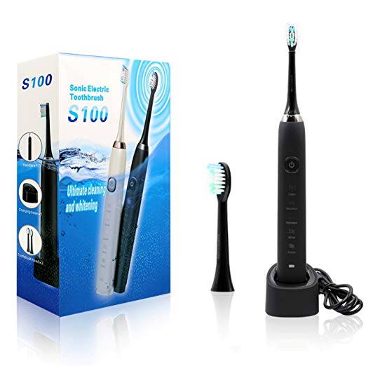 Sonic Electric Toothbrush, Samocare S100 Electronic Power Rechargeable Toothbrush 5 modes IPX7 Waterproof Wireless Inductive Charging for Family with 2 Sonic Care Replacement Heads Black