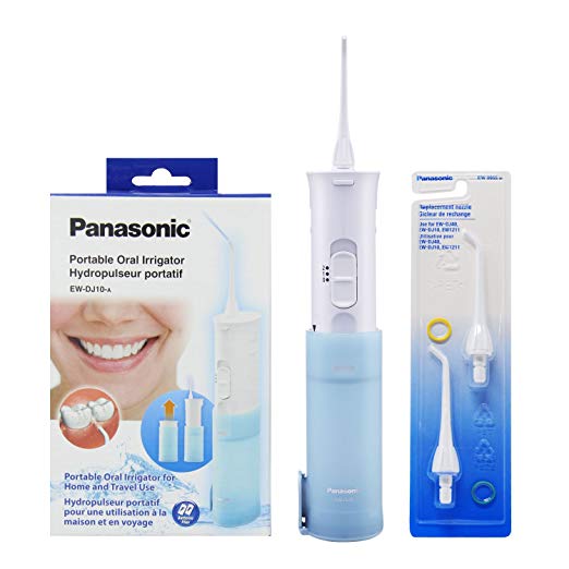 Panasonic EW-DJ10-A Portable Dental Water Flosser | BEST Electric Flosser & Oral Irrigator | PERFECT for Travel - AA Battery Operated, Collapsible, Waterproof | PLUS 2 Nozzle Replacement Parts EW0955W