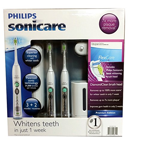 Philips Sonicare Flexcare Rechargeable Sonic Toothbrush Premium Edition 2 pack bundle (2 Flexcare Handles, 2 Diamond Clean Standard Brush Heads, 1 Compact Travel Charger, 2 Hygienic Travel Caps, 2 Hard Travel Cases, 1 UV Sanitizer)