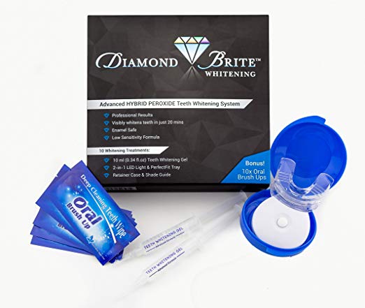 Diamond Brite Advanced Hybrid Peroxide Light-Activated Teeth Whitening System, (2) 5 ml gel syringes, 2-in-1 LED Light, Perfect Fit Tray & Case, 10 Oral Brush Ups, Made in USA