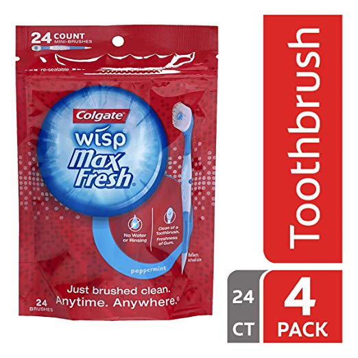 Colgate Max Fresh Wisp Disposable Mini Toothbrush, Peppermint - 24 Count (4 Pack)