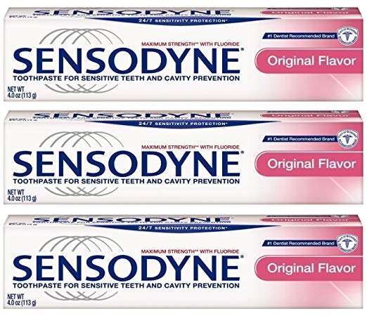 Sensodyne Toothpaste for Sensitive Teeth and Cavity Prevention, Maximum Strength, Original Flavor, 4-Ounce Tubes (Pack of 3)