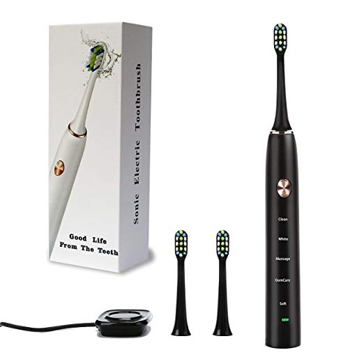 Electric Toothbrush, Wireless Inductive Charging, 5 Optional Modes IPX7 Waterproof, High Capacity Battery for 40 Days Working and 3 Replacement Heads(Black)