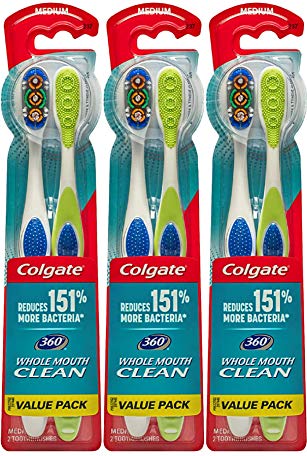 Colgate 360 Medium Toothbrush with Tongue and Cheek Cleaner, 6 Count