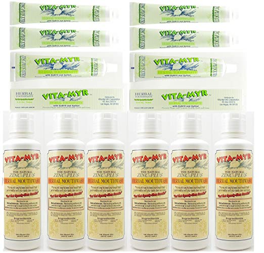 6 Bottles 16 Oz Vitamyr Mouthwash & 6 Tubes 5.4 Oz Vitamyr Zinc-Plus Xtra Herbal Natural Toothpaste w/ CoQ10 & Xylitol