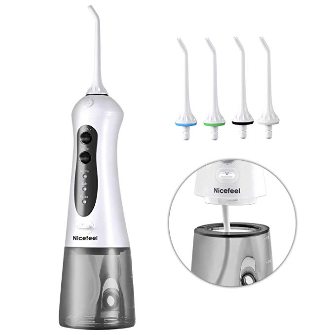 Cordless Water Flosser Oral Irrigator, Nicefeel IPX7 Waterproof 3-Mode USB Rechargable Professinal Portable Water Dental Flosser with 4 Jet Tips for Braces and Teeth Whitening of Family