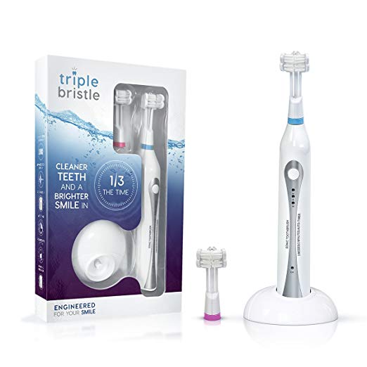 Triple Bristle Best Sonic Electric Toothbrush - Whiter Teeth & Brighter Smile - Rechargeable 31,000 VPM Tooth Brush is Unique & Patented 3 Brush Head Design - Perfect Angle Bristles Clean Each Tooth