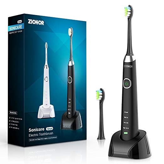 Electric Toothbrush,ZIONOR Rechargeable Sonic Toothbrush for Adults with 2 Minutes Smart Timer and 4 Optional Modes 2 Replacement Heads with Fast Wireless Charging Base IPX7 Waterproof for Travel