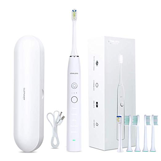 XIMALONG Sonic Electric Toothbrush 2000mAh(/100days to use) 37200Vibrations/min Smart Timer 5 Modes Waterproof with 6 Replacement Brush Heads(ZR505, white)