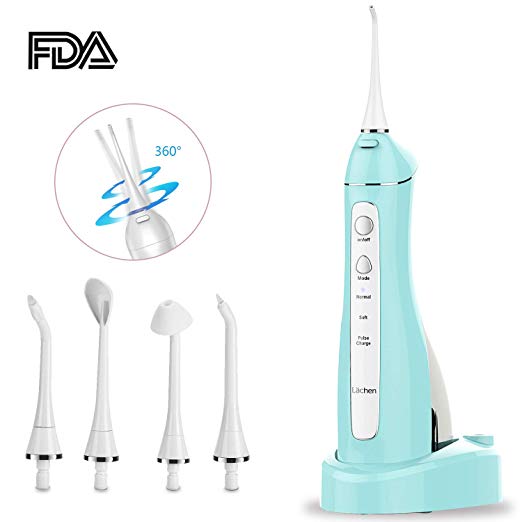 Lächen Water Flosser 220ml Rechargeable Electric Dental flosser Teeth Cleaner with 5 Jet Tip Oral Irrigator Cordless IPX7 Waterproof 3 modes FDA Approved Portable Professional for Home Travel (blue)