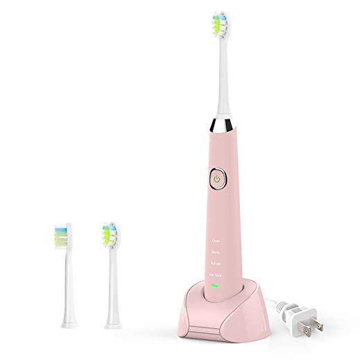 Electric Toothbrush, Sonic Rechargeable Toothbrush, Adult Electric Toothbrush With Holder and 2 Replacement Heads, (4 Modes Smart Timer, IPX7 Waterproof, Fast Charging), Pink