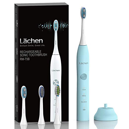 Lächen Travel Power Rechargeable Sonic Electric Toothbrush 3 Modes with 2 Min Build in Timer USB Inductive Charging Waterproof IPX7 Portable 3 Professional Replacement Brush Heads T5-cyan