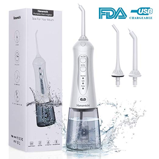 Hanamichi Cordless Water Flosser, 300ML Extra Large Capacity Dental Gum Oral Irrigator, 3 Pressure Modes and 2 Rotatable Jet Tips, Portable IPX7 Waterproof Water Flossing for Home and Travel
