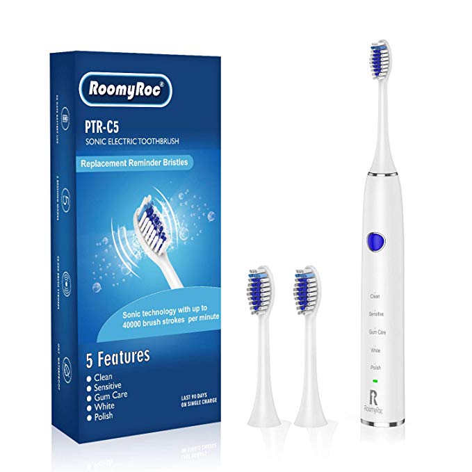 Electric Toothbrush with Smart Timer 90 Days Use 5 Optional Modes 2 Replacement Heads Rechargeable Sonic Toothbrushes