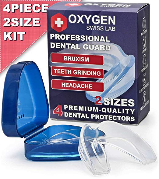 Oxygen Swiss Lab Professional Moldable Dental Guard For Teeth Grinding & Clenching, Bruxism, TMJ & Athletes – Set Of 4 Medical Silicone Mouth Night Guards In 2 Sizes With Anti-Bacterial Case