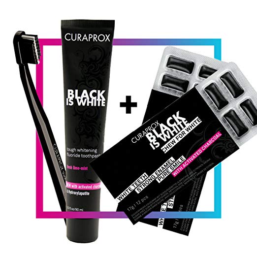 CURAPROX Black Is White Toothpaste Set Charcoal Whitening Toothpaste 3.04 oz. + Black is White Charcoal Whitening Gum, 2 Packs of 12 Pieces each