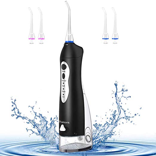 Poshions Water Flosser, Portable Dental Oral Irrigator with 3 Water Pressure Modes, 4 Jet Tips and 220 ml Large Water Tank Deep Dental Cleaning Cordless Dental Irrigator for Home and Travel