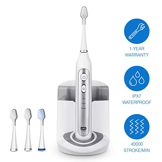 Sonic Electric Toothbrush with UV Sanitizer charging case,Rechargeable Power Electric Toothbrush 3 Brushing Modes with Memory Function, 2 Mins timer,3 Brush Heads,IPX7 Waterproof